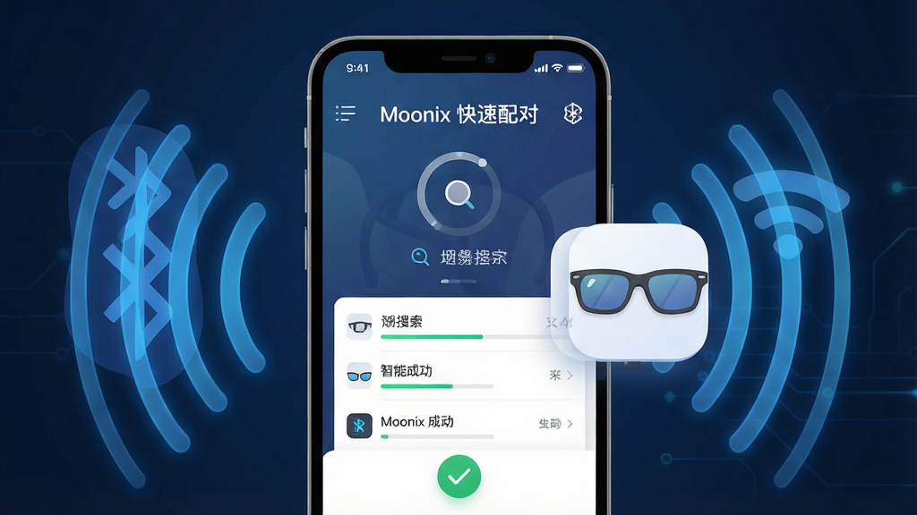 一幅展示Moonix应用自动搜索并连接智能眼镜的界面示意图,手机屏幕中央显示搜索动画和已发现设备列表,旁边有一副Moonix智能眼镜图标,布局为手机居中,周围环绕蓝牙和Wi-Fi信号波纹,风格为科技感UI设计,细节包括连接进度条和配对成功对勾,画质清晰干净,无多余元素,图片中文字标注“Moonix 快速配对”