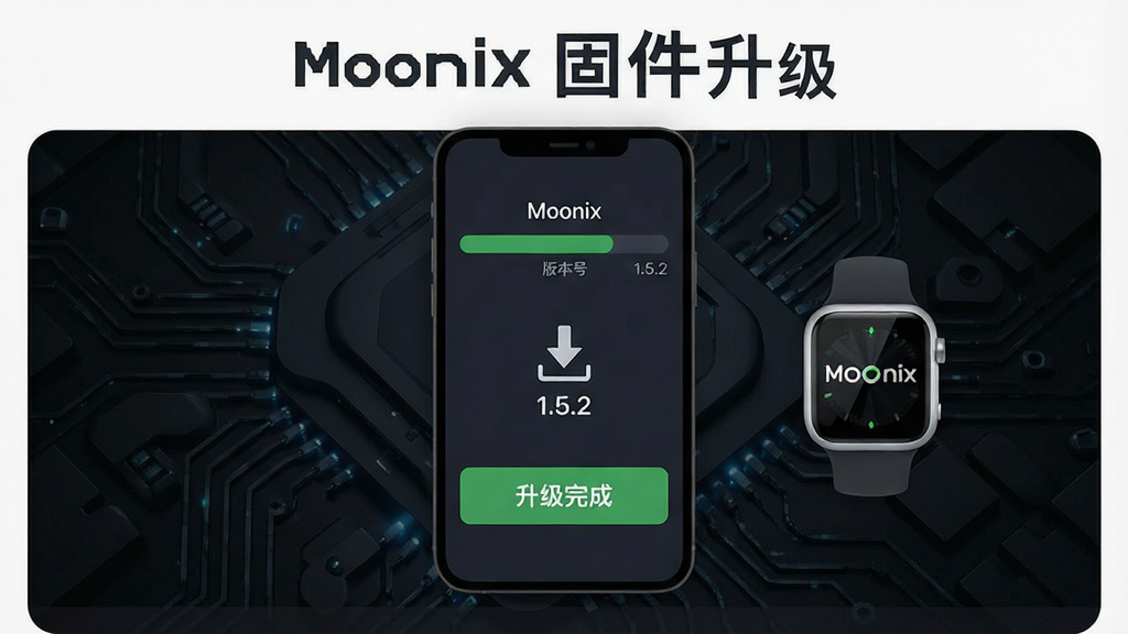 一幅展示Moonix应用固件升级界面的示意图,手机屏幕显示升级进度条和版本号“1.5.2”,旁边有Moonix智能手表图标,布局为手机居中,背景为深色科技纹理,风格为现代扁平化设计,细节包括下载箭头和升级完成提示,画质清晰干净,无多余元素,图片中文字标注“Moonix 固件升级”