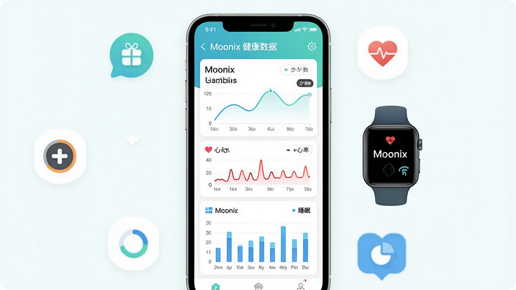 一幅展示Moonix应用健康数据仪表盘界面的示意图,手机屏幕显示步数、心率、睡眠图表,旁边有Moonix智能手表图标,布局为手机居中,周围环绕数据图标,风格为清新健康风格,细节包括折线图和柱状图,画质清晰干净,无多余元素,图片中文字标注“Moonix 健康数据”