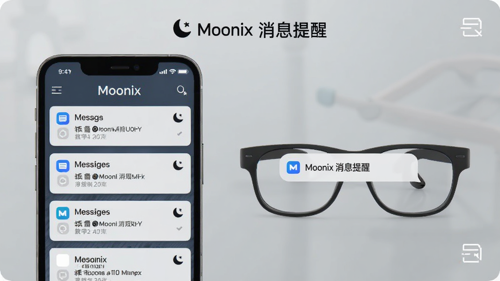 一幅展示Moonix应用消息通知推送到智能眼镜的示意图,手机屏幕显示通知列表,旁边有一副Moonix智能眼镜显示消息气泡,布局为手机与眼镜并列,风格为简约商务风格,细节包括消息图标和免打扰月亮图标,画质清晰干净,无多余元素,图片中文字标注“Moonix 消息提醒”