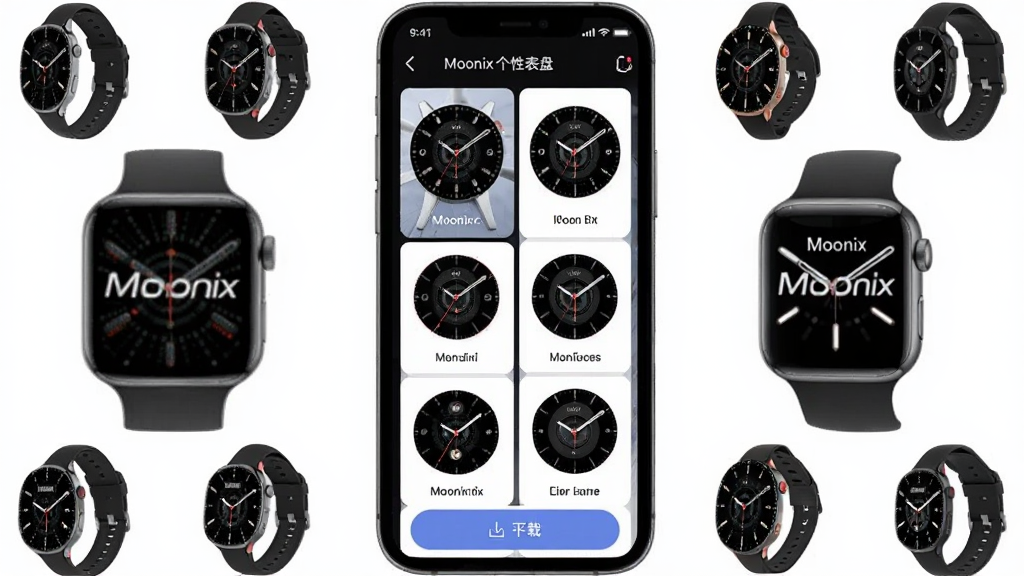 一幅展示Moonix应用表盘市场界面的示意图,手机屏幕显示多种表盘样式,旁边有Moonix智能手表图标,布局为手机居中,周围环绕表盘缩略图,风格为时尚个性化风格,细节包括表盘预览和下载按钮,画质清晰干净,无多余元素,图片中文字标注“Moonix 个性表盘”