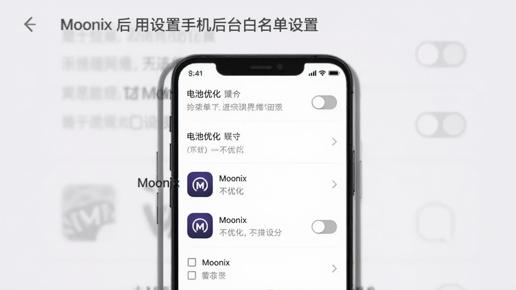 一幅展示Moonix应用在手机后台白名单设置的界面示意图,手机屏幕显示电池优化列表和Moonix图标被设为不优化,布局为手机居中,背景为浅灰色设置界面,风格为简约实用风格,细节包括开关按钮和提示文字,画质清晰干净,无多余元素,图片中文字标注“Moonix 后台设置”