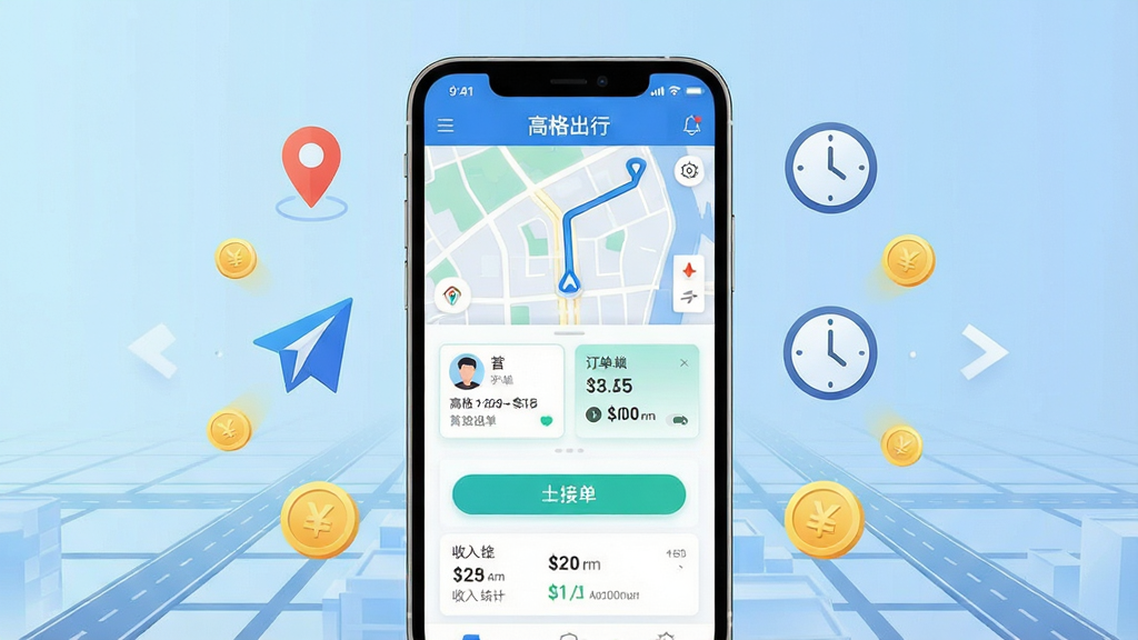 一张展示高格出行车主端手机应用界面的科技风格图片,画面中央是一部竖屏智能手机,屏幕内显示高格出行车主端的主页布局,包含地图导航区域、订单卡片、接单按钮、车主头像与收入统计面板,手机周围漂浮着定位图标、导航箭头、时钟、金币等元素,背景为浅蓝色渐变与城市道路网格线条,布局居中对称,风格现代简约科技感,细节清晰,画质干净,无多余元素