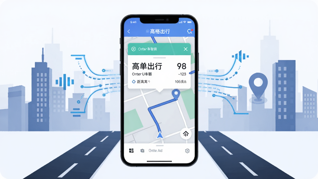 一幅展示高格出行车主端智能派单功能的AI生图,画面中心是手机屏幕显示订单弹窗和地图路线,手机两侧分别有代表数据传输的光线线条和定位图标,周围环绕着城市建筑剪影与道路,布局呈横向展开,风格为扁平化科技插画,细节包含订单金额、距离数值、导航箭头,画质清晰,干净,无多余元素