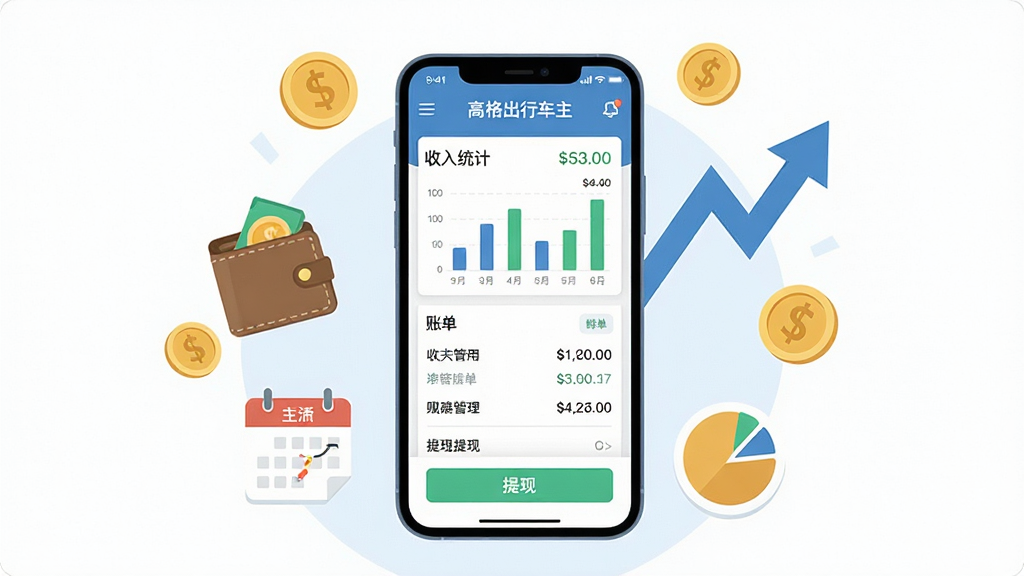 一幅展示高格出行车主端收入管理界面的图片,画面中央是手机屏幕显示收入统计图表、账单列表和提现按钮,手机周围漂浮着金币、钱包、上升箭头、日历等图标,布局为居中环绕式,风格为清新商务扁平插画,细节包含数字金额、柱状图、饼图,画质干净,无多余元素