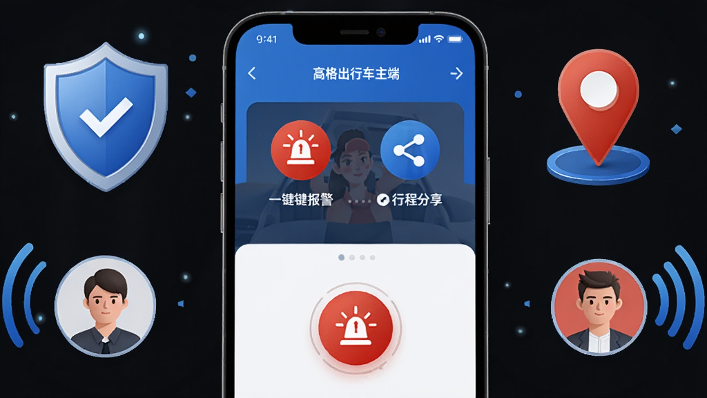 一张以高格出行车主端安全功能为主题的AI图片,画面中心是手机屏幕显示一键报警和行程分享界面,手机周围有盾牌、定位标记、紧急联系人头像、信号波纹等元素,布局为上下结构,风格为安全科技感,细节包含红色报警按钮、蓝色分享图标,画质清晰,干净,无多余元素
