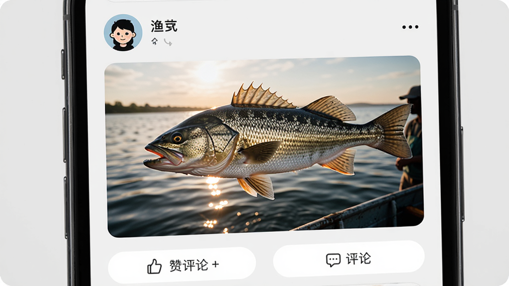 渔在哪APP社区互动界面,画面展示手机屏幕内社区信息流,上方有用户头像和渔获照片,照片中是一条大鱼,下方有点赞评论按钮,背景为浅灰色,整体风格温暖亲切,细节包括照片中的水面反光和人物剪影,画质高清,干净无多余元素