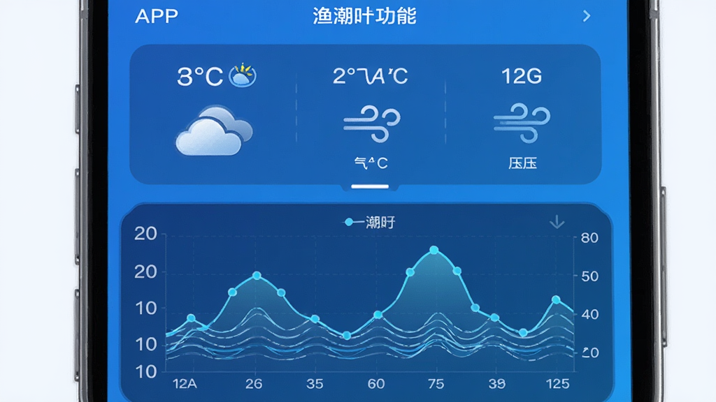 渔在哪APP天气潮汐功能界面,画面展示手机屏幕内天气面板,上方显示温度、气压、风向图标,下方有潮汐曲线图,背景为渐变蓝色,整体风格科技感十足,细节包括云朵图标、波浪线条和数字刻度,画质清晰,干净无多余元素