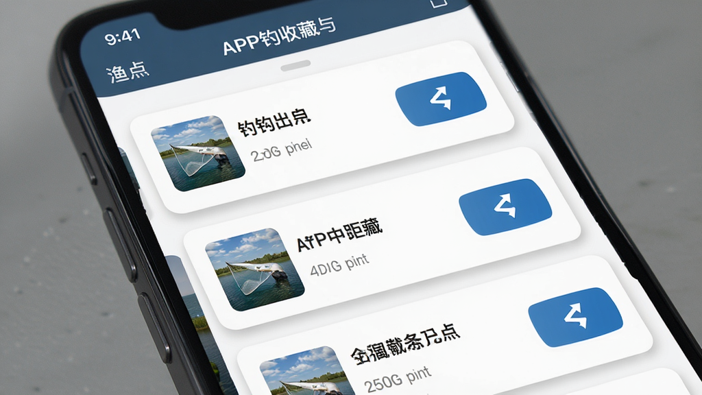 渔在哪APP钓点收藏与导航界面,画面展示手机屏幕内收藏列表,每个条目包含钓点名称、距离和导航按钮,背景为白色卡片式设计,整体风格简约商务,细节包括卡片阴影、图标和文字排版,画质高清,干净无多余元素