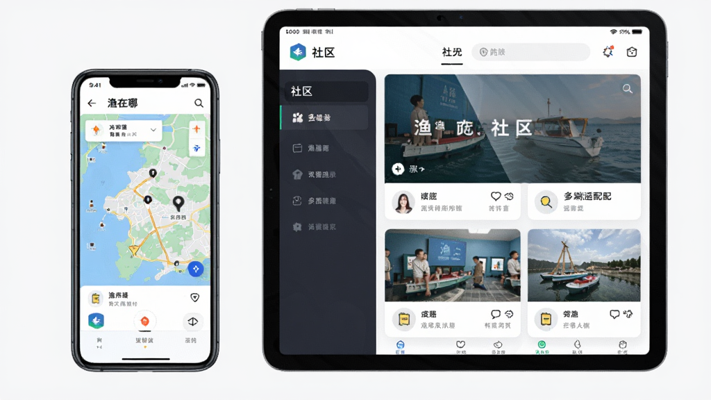 渔在哪APP多端适配展示,画面中同时出现手机和平板设备,屏幕上均显示渔在哪的界面,手机显示地图,平板显示社区,背景为纯色,整体风格现代简约,细节包括设备边框、屏幕反光和界面元素,画质清晰,干净无多余元素