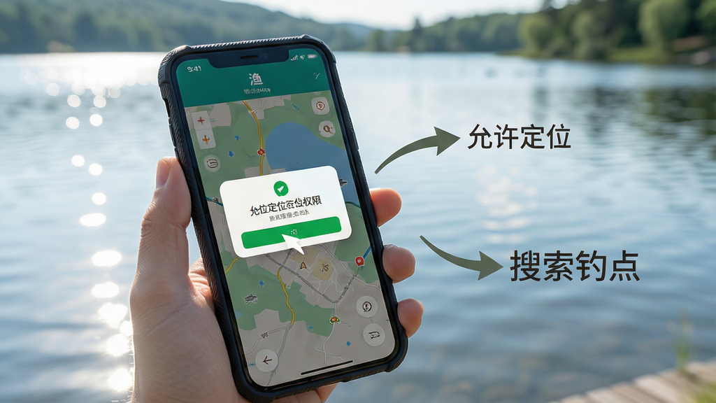 渔在哪APP新手操作示意图,画面中一只手拿着手机,屏幕上显示定位权限弹窗和地图界面,旁边有箭头标注“允许定位”和“搜索钓点”,背景为户外湖边场景,整体风格写实清新,细节包括手机壳纹理、手指动作和湖面反光,画质高清,干净无多余元素