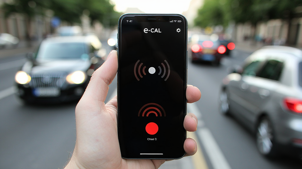 一只手拿着手机,屏幕上“e-CAL”应用正在显示呼叫连接中的动画,背景是城市道路与车辆虚化场景,画面突出手机屏幕上的红色呼叫按钮与信号波纹,风格写实,光线明亮,画质清晰,无杂乱元素
