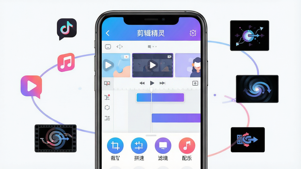 手机屏幕中央展示剪辑精灵软件主界面,上方标题栏写着