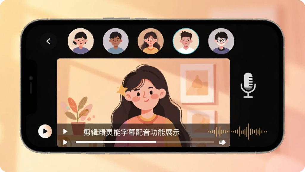 剪辑精灵智能字幕配音功能展示图,手机屏幕显示视频画面下方有字幕条,旁边有麦克风图标和声波纹理,屏幕上方有不同音色头像选择,背景是柔和的暖色调光影,扁平插画风格,画面温馨清晰,无杂乱元素