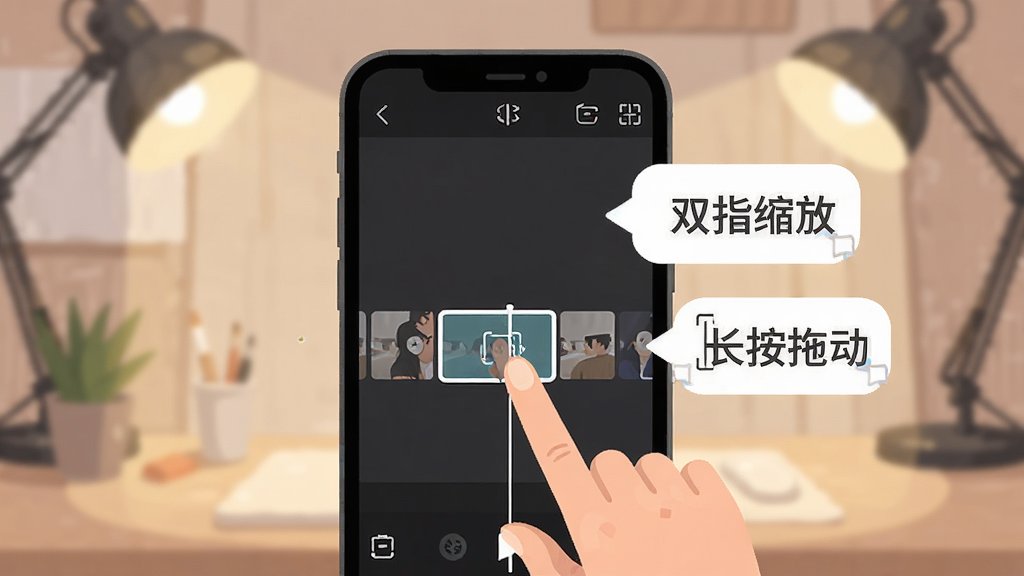 剪辑精灵新手操作指引图,手机屏幕显示剪辑界面,一只手正在触屏拖动时间线片段,屏幕旁边漂浮着提示气泡写着