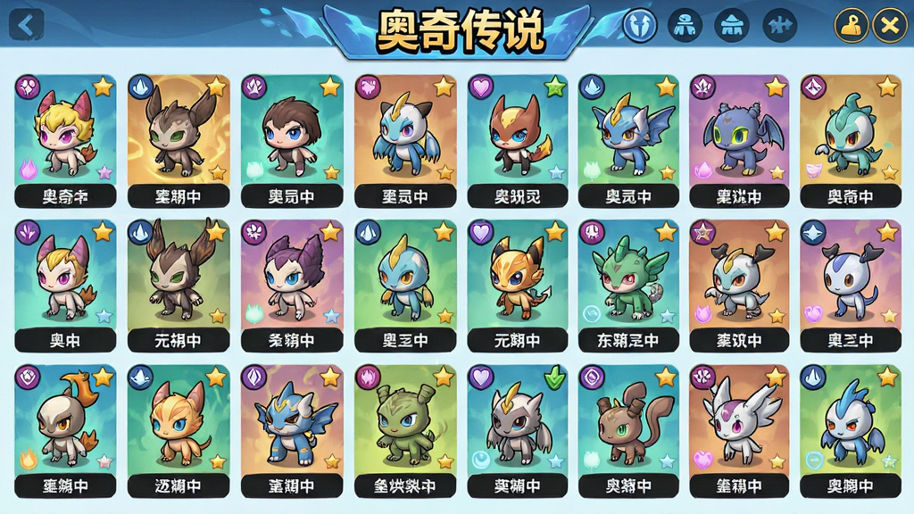 奥奇传说精灵图鉴界面展示,画面主体为数十只不同属性的精灵排列成网格状,布局采用整齐的矩阵排版,风格为清新明亮的卡通风格,细节包括每只精灵旁边的属性图标、星级标记和名称标签,画质高清、干净、无多余元素,画面顶部带有“奥奇传说”文字标题