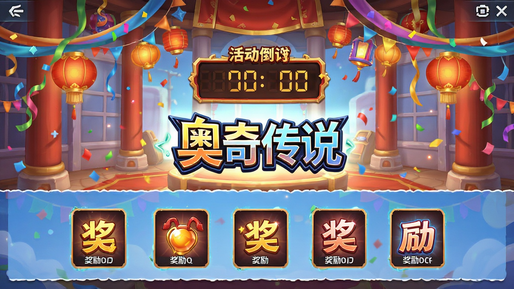 奥奇传说活动界面展示,画面主体为节日主题的活动大厅,布局采用上下分层的排版,风格为喜庆热闹的节日氛围,细节包括彩带、灯笼、活动倒计时牌、奖励预览图标,画质高清、干净、无多余元素,画面中央带有“奥奇传说”文字标识