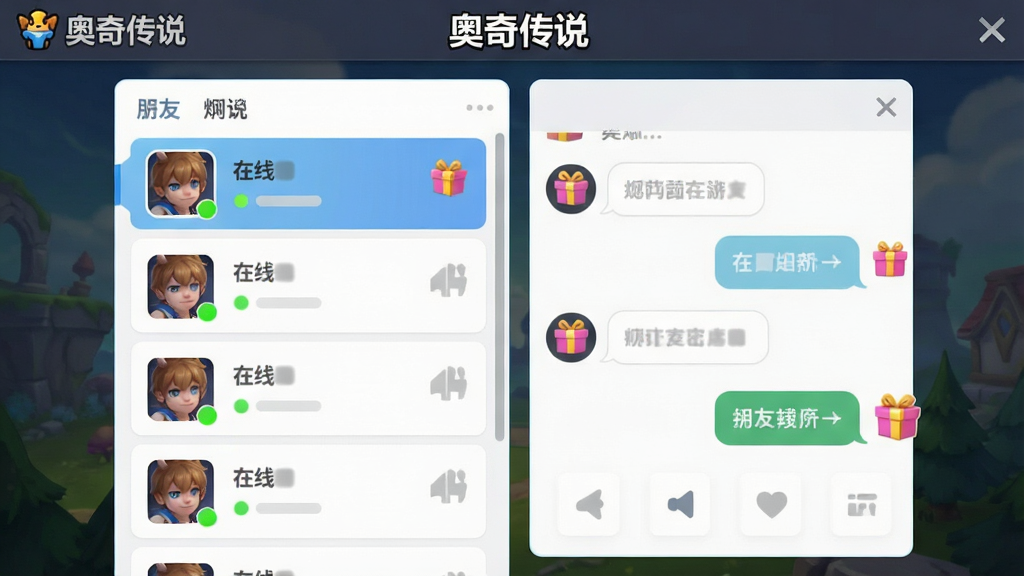 奥奇传说社交界面展示,画面主体为好友列表与聊天窗口,布局采用左右分栏的排版,风格为清新简约的社交应用风格,细节包括好友头像、在线状态标识、聊天气泡、礼物图标,画质高清、干净、无多余元素,画面顶部带有“奥奇传说”文字标题