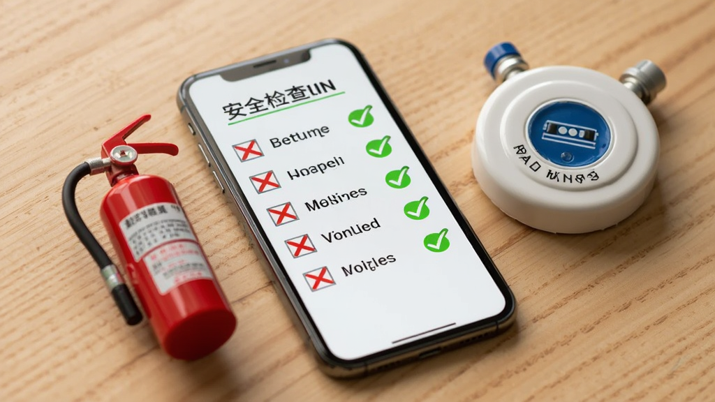 一只手机屏幕显示安全检查清单,清单项目旁有红色叉号和绿色对勾标记,手机旁边放着一个微型灭火器和一个燃气报警器模型,背景为木质桌面,采用写实产品摄影风格,光线柔和,焦点集中在手机屏幕上,画面干净整洁,高清画质