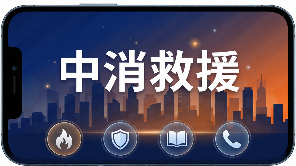 手机屏幕中央展示“中消救援”四个大字,背景为深蓝色与橙色渐变的城市天际线剪影,屏幕下方排列四个功能图标分别为火焰、盾牌、书本、电话,整体采用扁平化科技风格,细节上加入细微的网格纹理与光晕效果,画面干净整洁无多余元素,4K高清画质