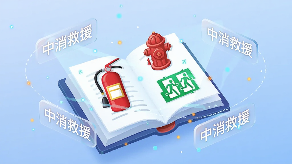 画面中央是一本发光的电子书,书页上浮现出灭火器、消防栓、逃生路线图等图标,书本周围环绕着“中消救援”字样的半透明标签,背景为柔和的浅蓝色渐变,采用2.5D插画风格,细节处有细小的火花与光点装饰,整体画质清晰干净,无杂乱元素