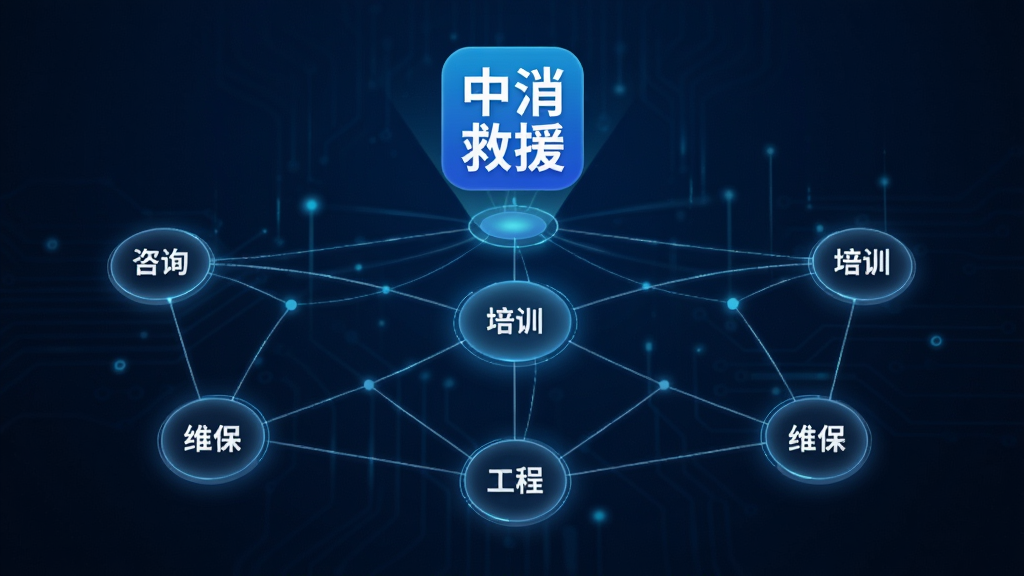 画面中心是一个由线条连接的信息网络图,节点上标注“咨询”“培训”“工程”“维保”等字样,网络图上方悬浮“中消救援”应用图标,背景为深色科技蓝,采用数据可视化风格,线条纤细发光,节点圆润,整体排版居中对称,画质清晰锐利,无杂乱元素