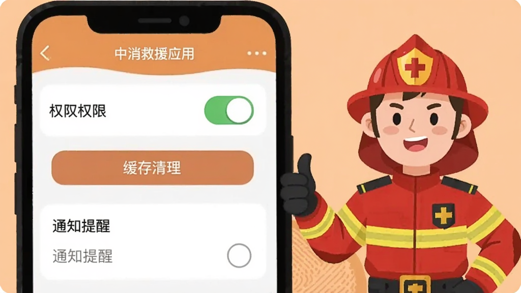 手机屏幕显示中消救援应用的设置界面,界面中有权限开关、缓存清理按钮、通知提醒选项等,旁边有一个卡通风格的消防员形象竖起大拇指,背景为浅橙色,采用扁平插画风格,细节简洁明了,画质干净清晰,无多余文字装饰