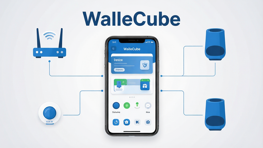 画面中央放置一部智能手机,手机屏幕显示WalleCube应用主界面,界面中包含设备列表卡片、连接状态指示灯和简洁的功能图标。手机周围环绕着路由器、智能传感器和智能音箱等设备图标,用细线连接表示设备互联。整体采用扁平化科技风格,蓝白配色,背景为干净的浅灰色渐变。画面中文字内容为