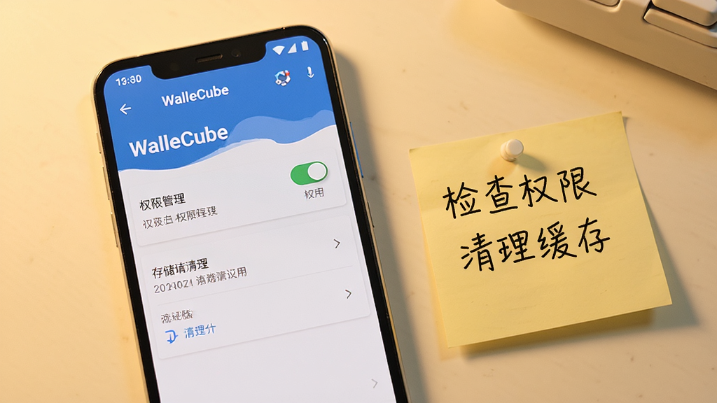 一部安卓手机屏幕显示WalleCube应用的设置页面,页面中包含权限管理开关和存储清理选项。手机旁边放着一张手写便签,上面写着
