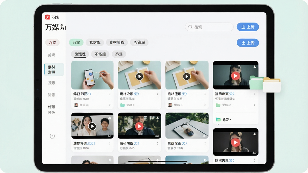 一张展示「万媒」素材库功能的AI生图,主体是平板电脑屏幕中展示「万媒」素材管理界面,界面内排列着图文缩略图与视频封面卡片,布局为横向宽屏展示,排版采用网格瀑布流,风格为柔和清新的浅色系UI风格,细节包括分类标签、搜索框、上传按钮、悬浮的文件夹图标,画质干净,无多余元素