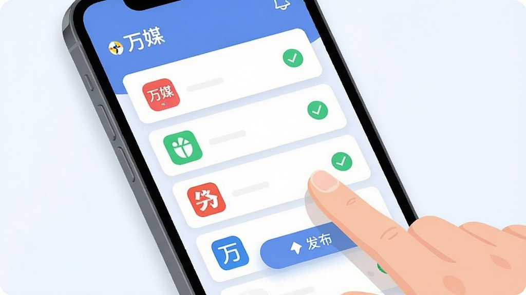 一张以「万媒」多平台一键分发功能为主题的AI生图,主体是一部手机屏幕中显示「万媒」的分发勾选列表,列表内包含多个平台图标与绿色对勾标记,布局为竖版界面特写,排版采用卡片式列表,风格为清新明快的扁平化UI插画风,细节包括手指轻触屏幕的动作、悬浮的发布按钮、柔和的阴影,画质干净,无多余元素