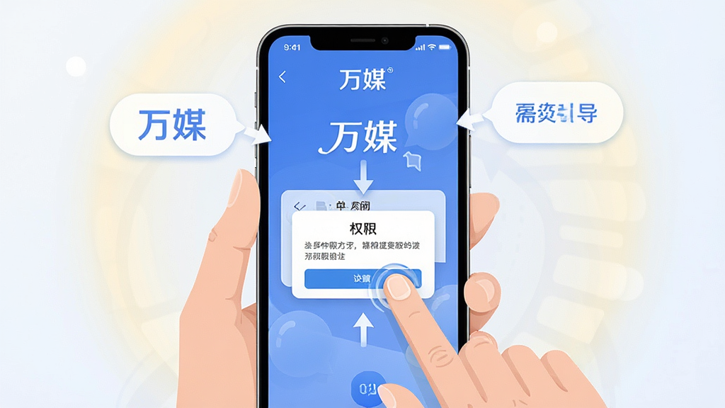 一张展示「万媒」移动端使用指南的AI生图,主体是手持智能手机的特写,屏幕中显示「万媒」操作引导页面,布局为竖版手持视角,排版包含步骤提示气泡与箭头指示,风格为简洁明快的科技插画风,细节包括手指滑动动作、权限设置弹窗、柔和的背景光晕,画质干净,无多余元素