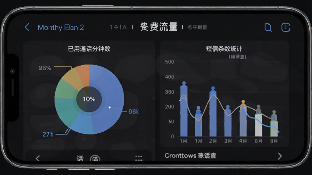 一部手机横屏展示手机话费流量查的通话详单页面,左侧是本月已用通话分钟数饼图,右侧是短信条数统计柱状图,界面采用深色模式,文字清晰,风格商务简洁,画质高,干净无多余元素