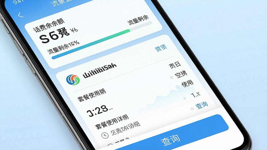 一张手机屏幕特写,屏幕上展示着手机话费流量查软件的清爽界面,顶部显示话费余额和流量剩余进度条,中间有运营商标志和套餐使用详情列表,底部有查询按钮,背景为淡蓝色渐变,整体风格简洁现代,画质清晰,干净无多余元素