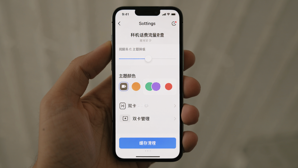 手机屏幕展示手机话费流量查的设置页面,包含提醒阈值滑块、主题颜色选项、双卡管理入口和缓存清理按钮,界面为浅色主题,排版清晰,风格简约,画质干净,无多余元素
