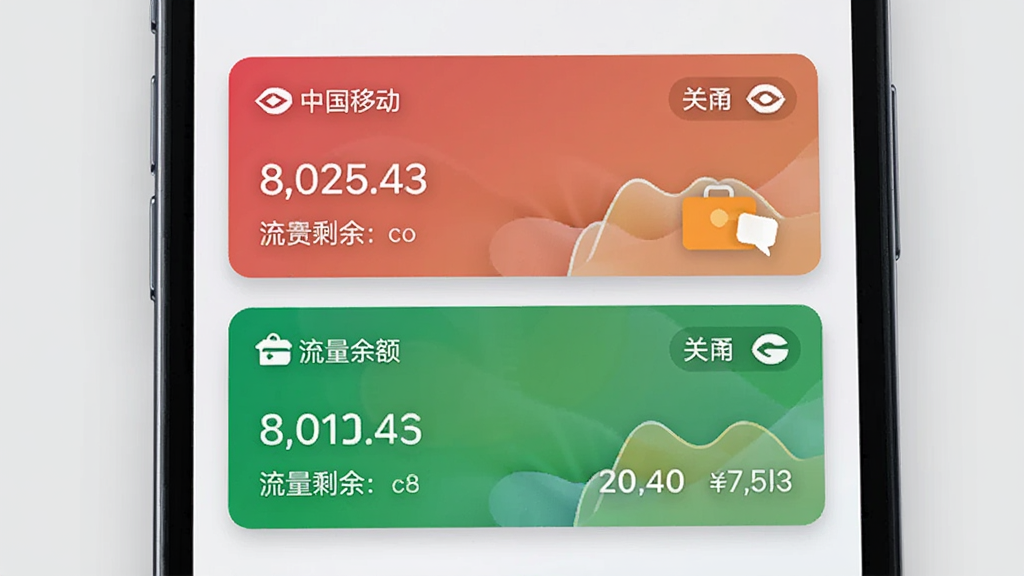 手机屏幕显示手机话费流量查的双卡管理界面,上下两张卡片分别标注中国移动和中国联通,各自展示话费余额和流量剩余,卡片有轻微阴影,背景为浅灰色,风格清新,画质清晰,干净无多余元素