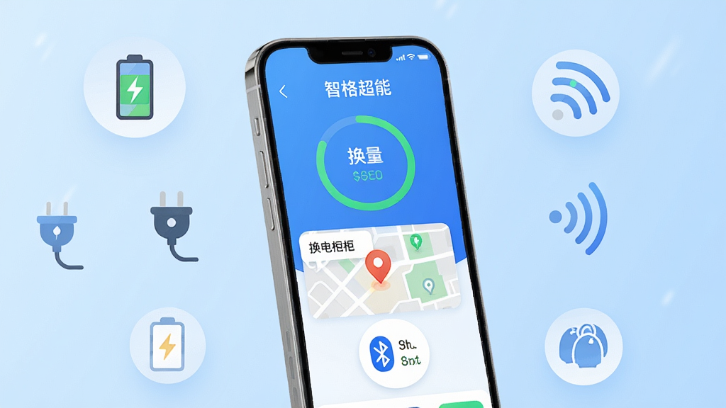 画面中央展示一部智能手机,手机屏幕显示“智格超能”应用主界面,包含电池电量圆环、换电柜地图标记和蓝牙连接状态图标;背景为浅蓝色渐变,周围环绕电池、插头、信号波纹等简洁扁平化图标;布局采用居中构图,手机略微倾斜展现立体感;风格为现代科技简约风,配色以蓝白为主,点缀少量绿色;细节上屏幕内容清晰可辨,图标边缘圆润,整体画面干净整洁;画质要求高清、无多余元素、适合作为软件下载站配图。