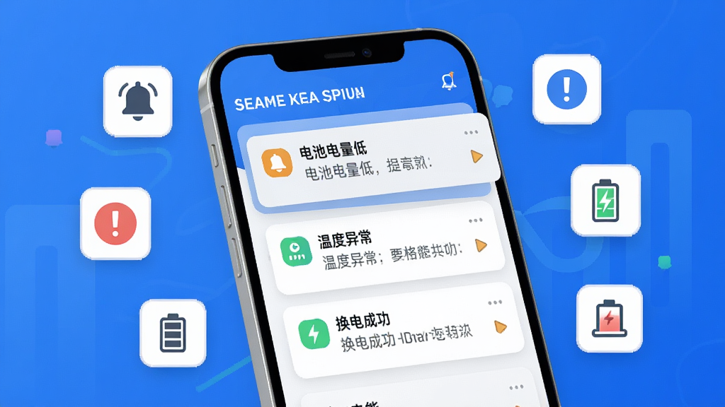 画面中央为手机屏幕,显示“智格超能”消息通知列表,包含电池电量低、温度异常、换电成功等提醒卡片;手机周围环绕铃铛、感叹号、电池等小图标;布局为居中构图,手机略微放大;风格为现代UI展示风,配色以白色和蓝色为主;细节上通知卡片层次分明,图标简洁;画质高清、干净、无多余元素。