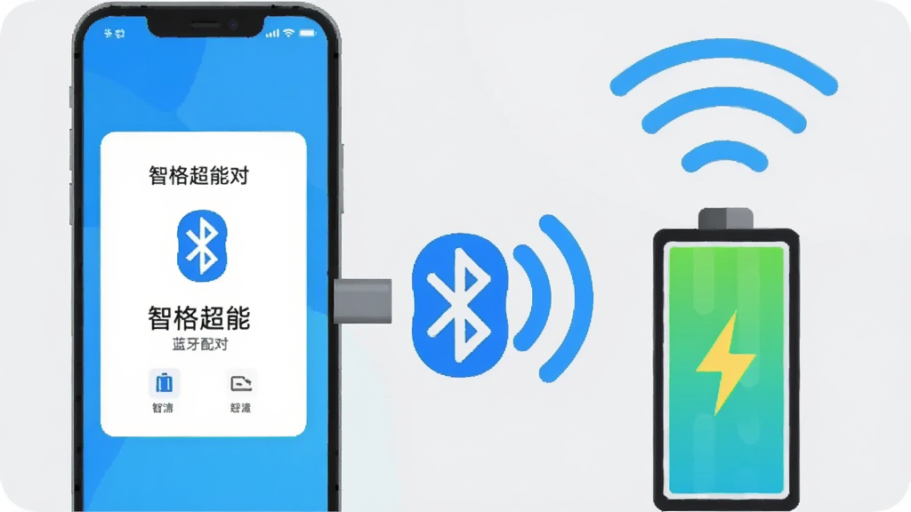 画面展示一部手机与一块电池通过蓝牙信号波连接,手机屏幕显示“智格超能”蓝牙配对成功界面,电池上方有蓝色信号波纹扩散;布局为左右对称构图,手机在左、电池在右,中间用信号图标连接;风格为扁平化插画风,配色清新明快;细节上蓝牙图标清晰,界面文字可读,背景为浅灰色;画质干净、无多余元素。