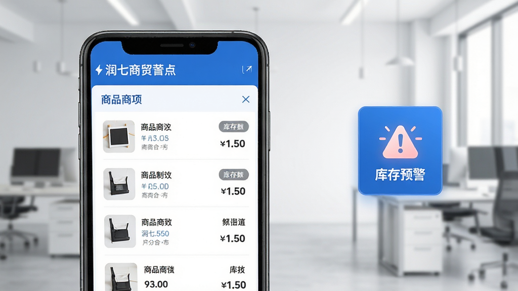 润七商贸商品库存管理界面,手机屏幕展示商品列表与库存数量标签,画面右侧悬浮库存预警图标,整体蓝白配色,背景为简洁的办公室场景,风格清爽商务,细节清晰,画质高清,干净无多余元素
