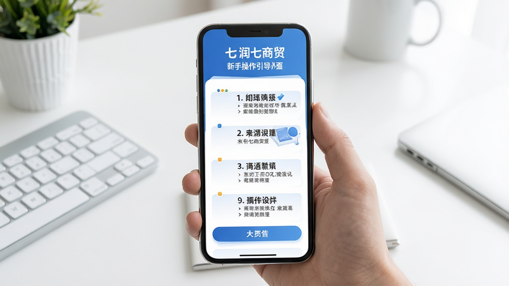 润七商贸新手操作引导界面,手机屏幕展示分步骤操作指引,画面以蓝白色调为主,背景为干净简洁的桌面环境,风格清新商务,细节清晰,画质高清,画面干净无多余元素