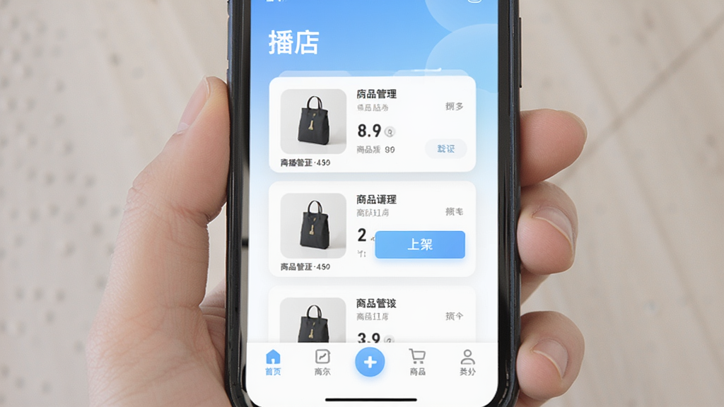 一张手机屏幕展示播店应用首页界面的图片,画面中央是播店APP的店铺管理面板,背景为浅蓝色渐变,布局采用卡片式设计,排版清晰,风格简洁现代,细节包括底部导航栏和商品上架按钮,画质清晰,干净,无多余元素