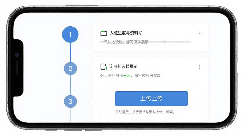 播店应用内展示入驻进度条与资料上传界面的手机截图,主体为手机屏幕,布局为纵向步骤条,排版左侧显示步骤序号右侧显示填写区域,风格扁平化商务,细节包含上传按钮和提示文字,画质清晰,干净,无多余元素