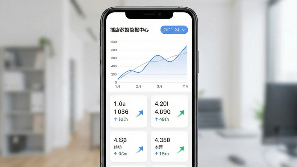播店数据简报中心手机界面图,画面主体为手机屏幕,布局上方为折线图下方为数字卡片,排版对称,风格简约商务,细节包含日期筛选按钮和趋势箭头,画质清晰,干净,无多余元素