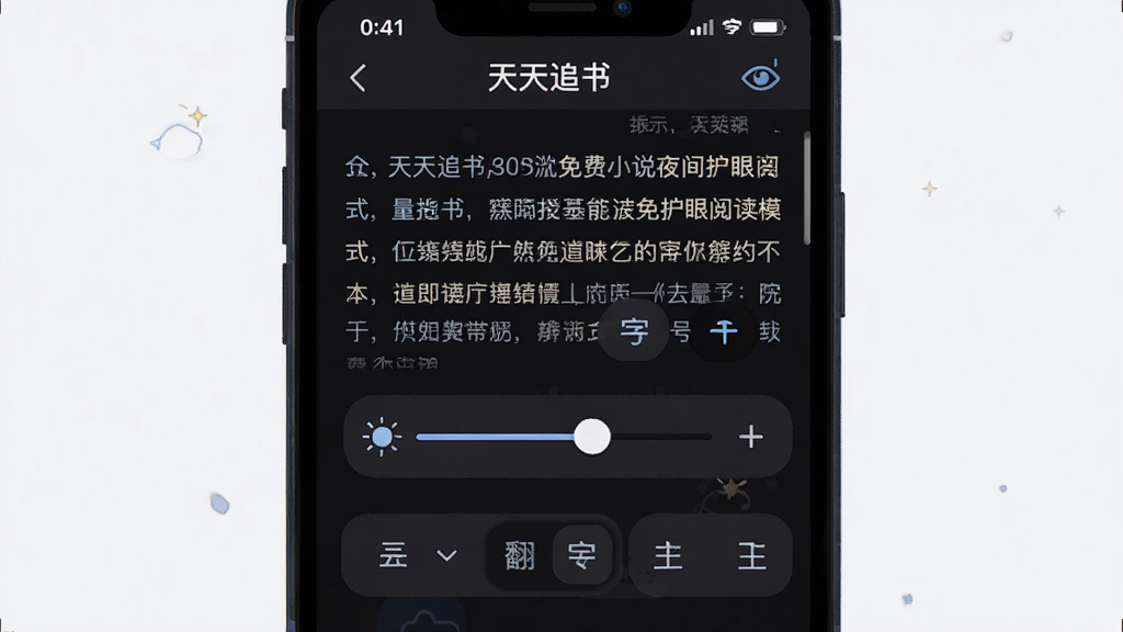 天天追书免费小说夜间护眼阅读模式界面图,主体为手机屏幕显示深色背景的小说阅读页,布局为全屏展示,排版突出文字排版和亮度调节滑块,风格为暗色调UI界面插画,细节包括护眼图标、字号调节按钮、翻页方式选择菜单,画质高清,画面干净,无多余元素。