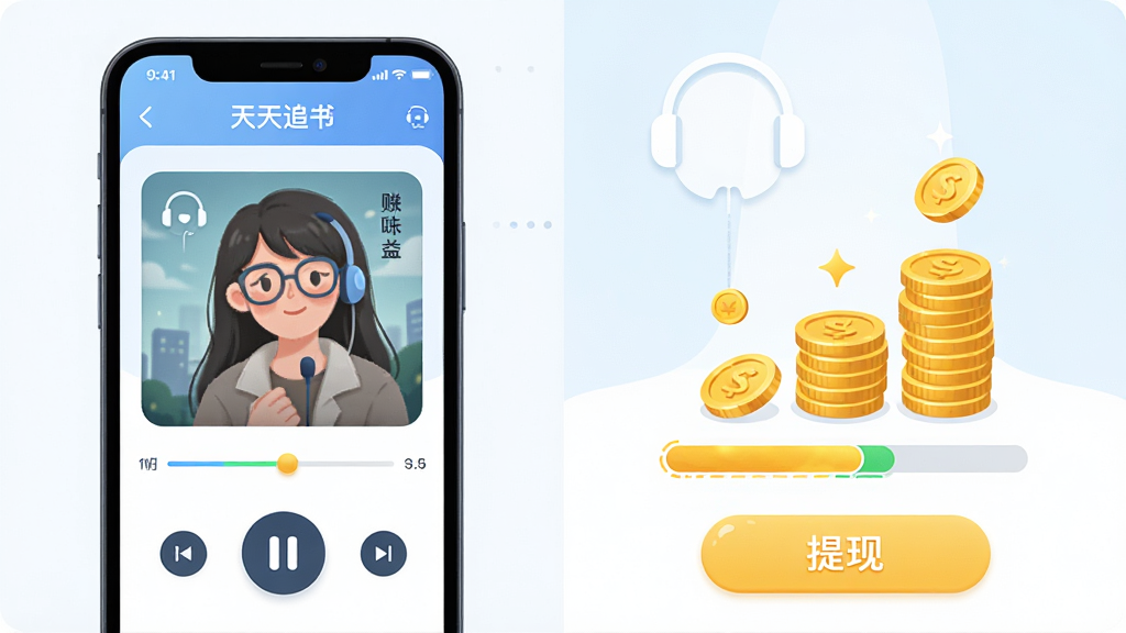 天天追书免费小说听书赚钱功能展示图,主体为手机屏幕内显示有声小说播放界面和金币收益进度条,布局为左右分栏,左侧展示播放控制按钮,右侧展示金币积累动画,排版整齐,风格为清新明亮的UI风格插画,细节包括耳机图标、金币堆叠、提现按钮,画质高清,画面干净,无多余元素。