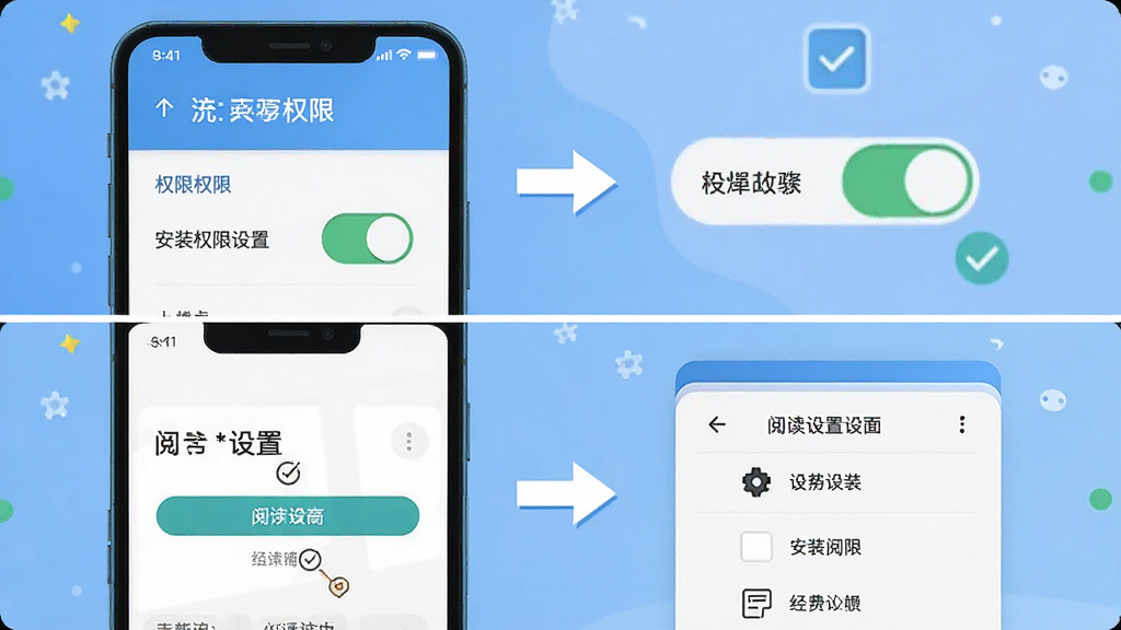 天天追书免费小说新手操作指引图,主体为手机屏幕展示安装权限设置和阅读界面切换,布局为上下分栏,上方展示权限开关,下方展示阅读设置菜单,排版清晰,风格为扁平化教程插画,细节包括勾选标记、箭头指引、设置图标,画质高清,画面干净,无多余元素。