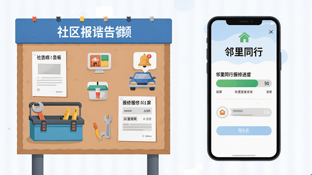 一张展示社区公告板与手机报修界面的组合插画,左侧为实体公告板,右侧为手机屏幕显示