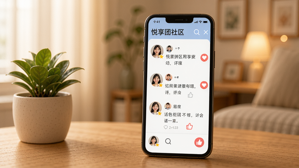 悦享团社区互动界面,手机屏幕显示用户评价和邻里拼团动态,包含头像、文字评论和点赞图标,手机放置在桌面上,旁边有一盆小绿植,背景是柔和的室内光线,风格温馨,细节清晰,画质高清,干净,无多余元素