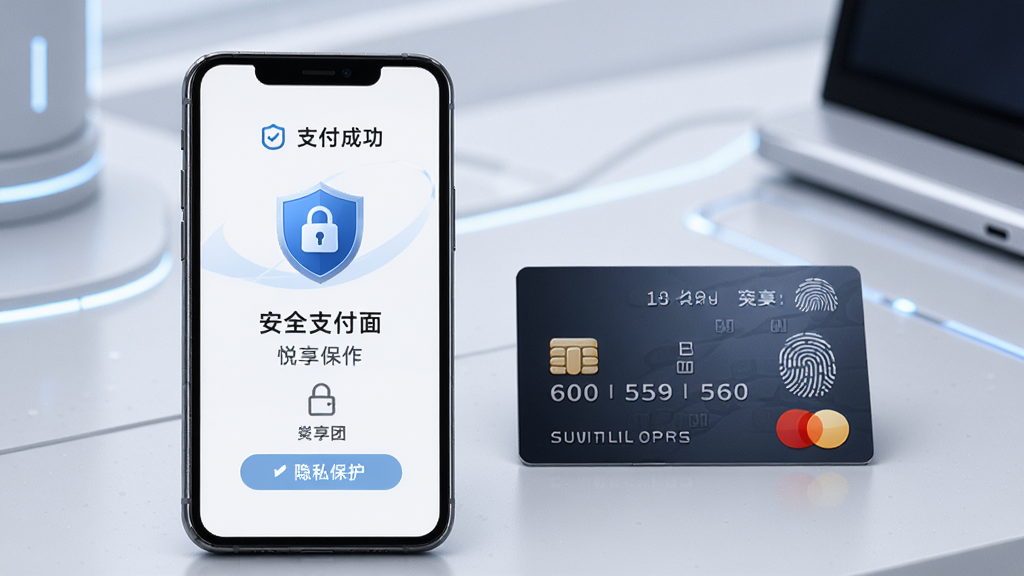 悦享团安全支付界面,手机屏幕显示支付成功页面和隐私保护图标,包含盾牌和锁形符号,手机旁边有一张银行卡和指纹识别图案,背景是简洁的科技感环境,风格稳重,细节清晰,画质高清,干净,无多余元素